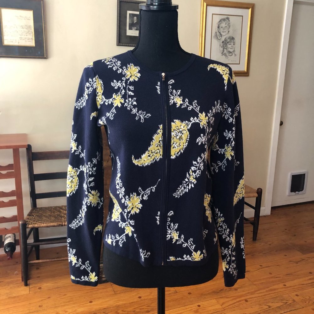 Ann Taylor Factory size S cardigan is dark blue with yellow flowers.